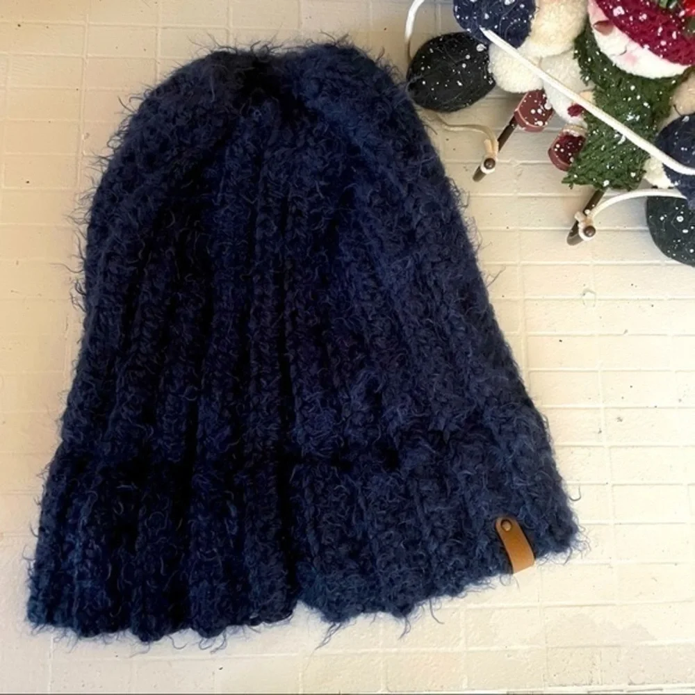 Handmade Crochet Fuzzy Warm Wool Blend Cable Knit Hat Dark Blue Beanie Winter